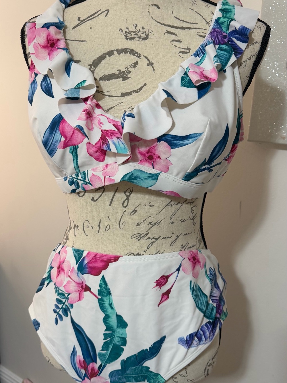 Floral Ruffle High-Waist Bikini Set - White with Pink & Teal Floral